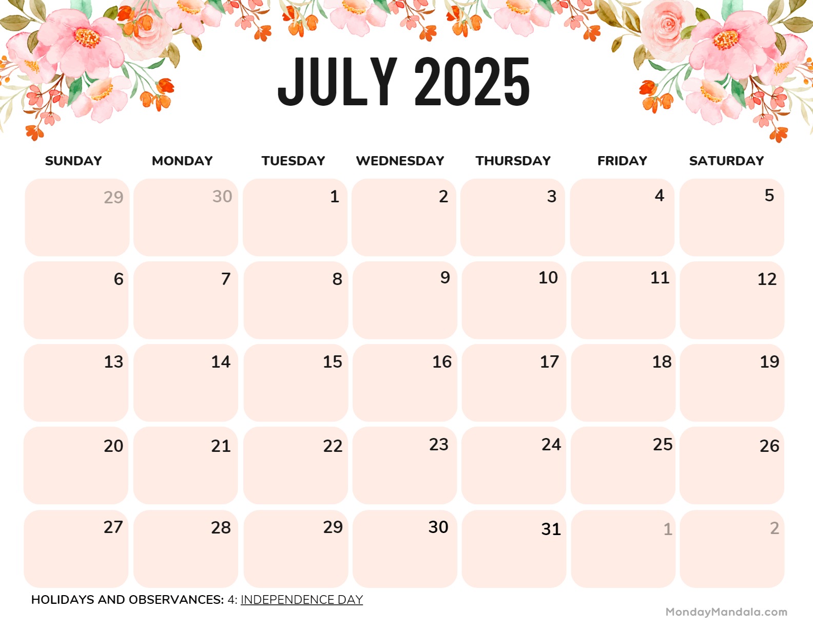 July printable calendar free pdf printables