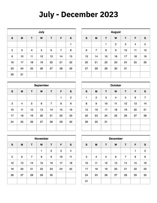 July to december calendar
