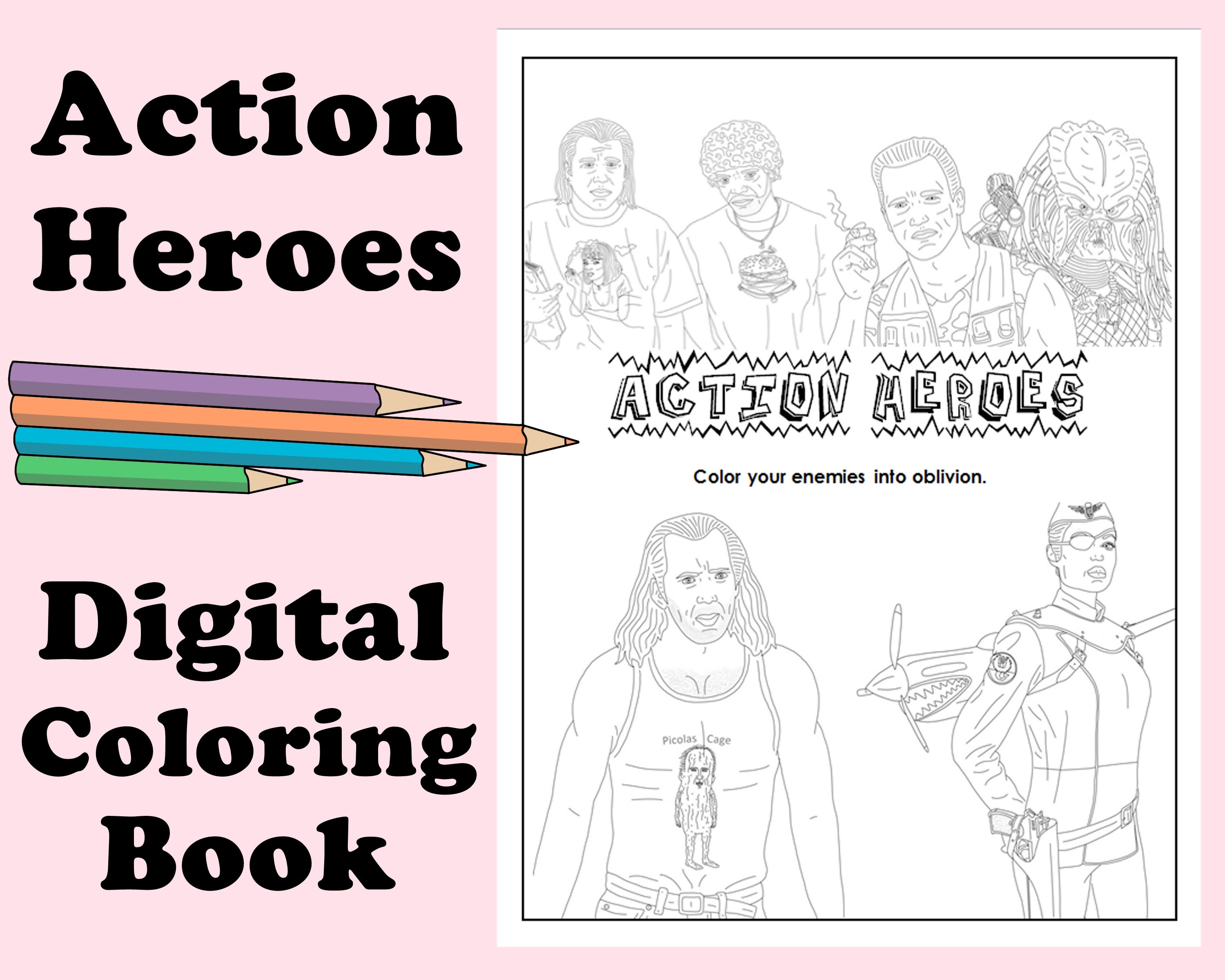 Action heroes digital coloring book instant print pdf travel activity rainy day art therapy coloring page arnold schwarzenegger