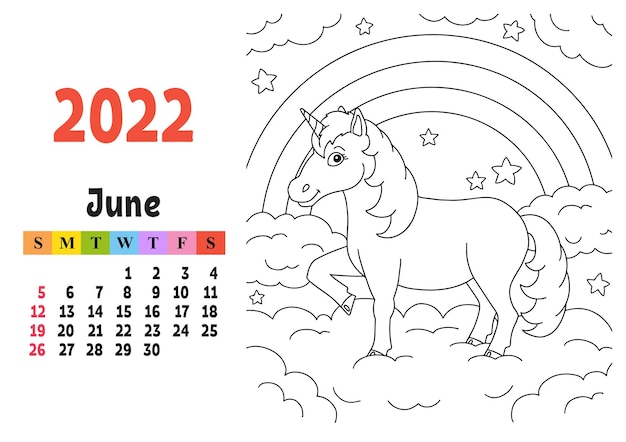 Premium vector calendar for with a cute character fairy unicorn coloring page fun and bright design isolated color vector illustration cartoon style