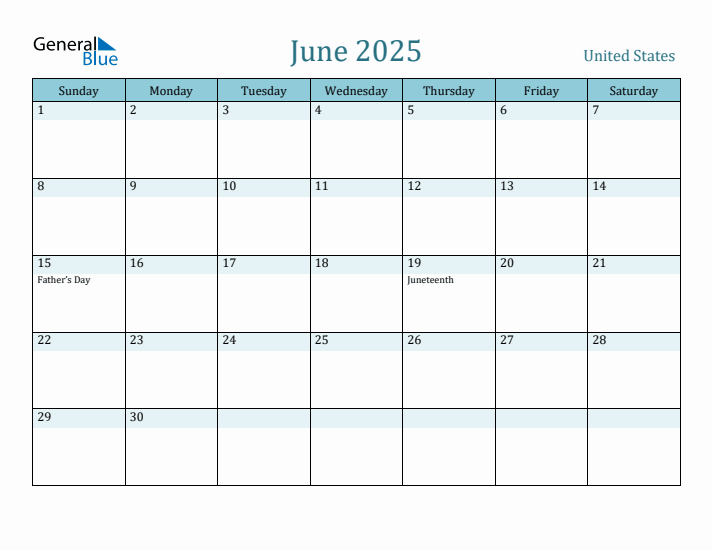 June monthly calendar with united states holidays