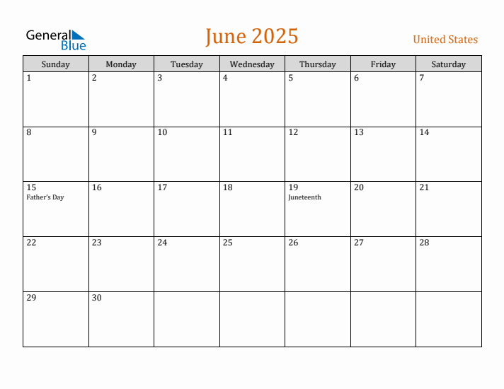 June monthly calendar with united states holidays