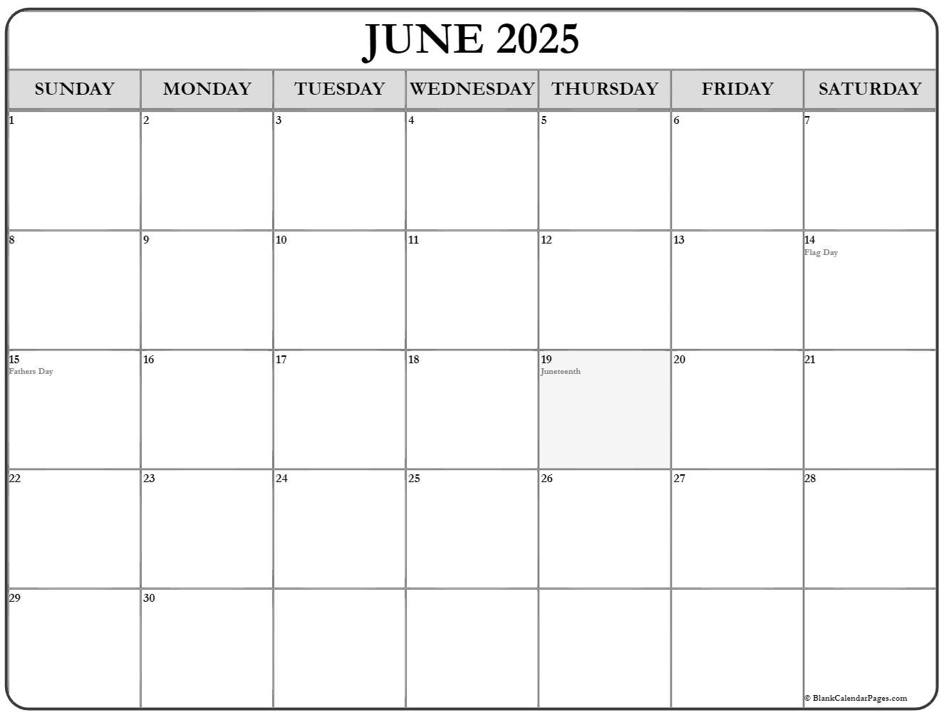 June with holidays calendar
