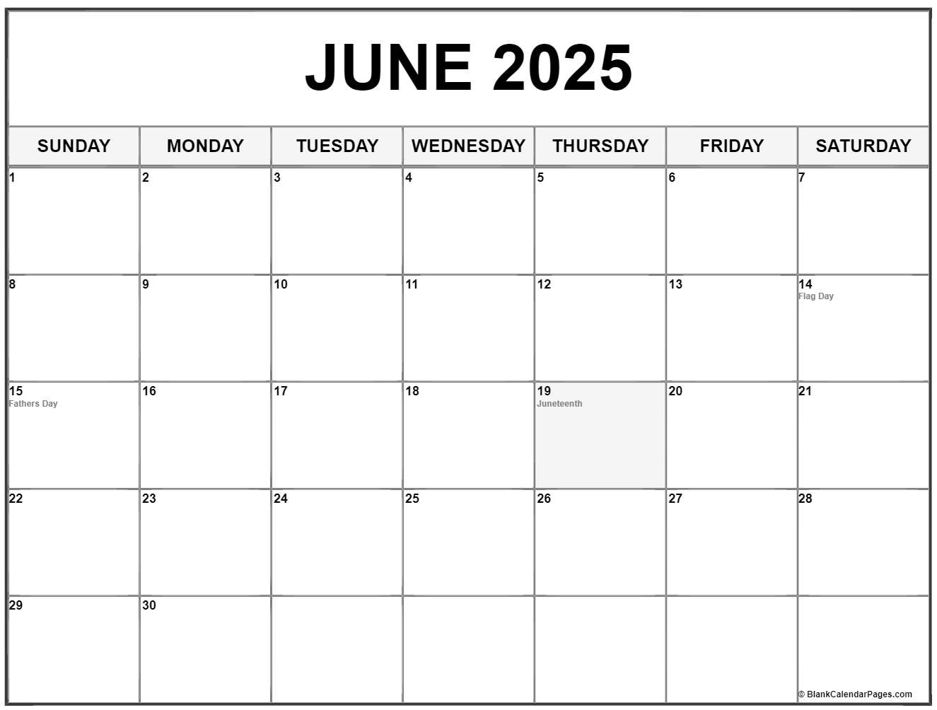 June with holidays calendar