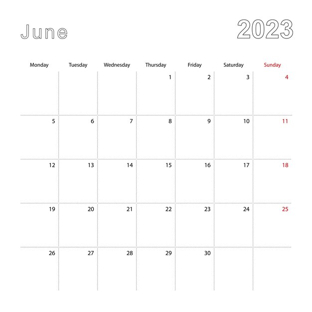 Premium vector simple wall calendar for june with dotted lines the calendar is in english week start from monday