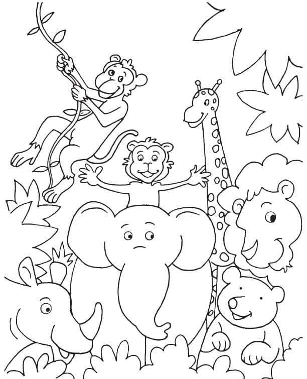 Friendly jungle animals coloring page