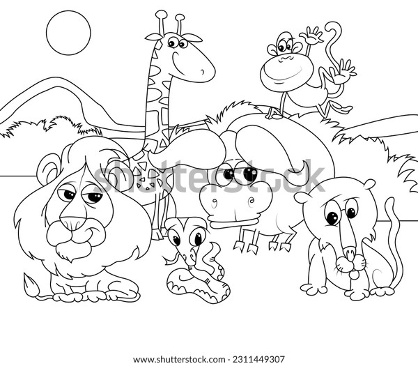 Jungle animals coloring book page stock illustration