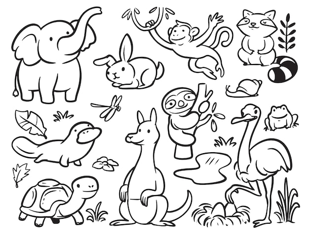 Premium vector doodle cute jungle animals coloring animals