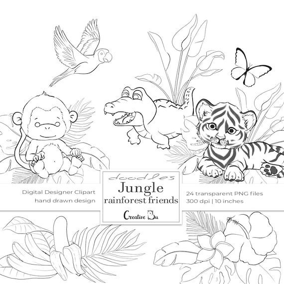 Jungle rainforest doodle line clipart kids printable coloring pages jungle digital stamp tropical illustration wild baby animal sticker instant download
