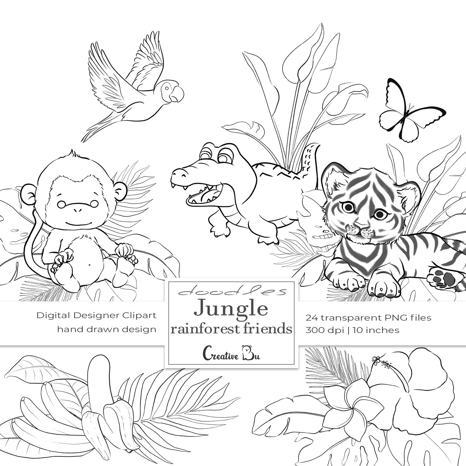 Jungle rainforest doodle line clipart kids printable coloring pages jungle digital stamp tropical illustration wild baby animal sticker instant download