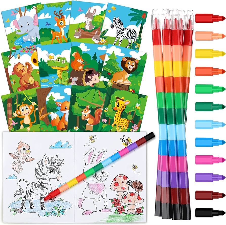 Pcs jungle animals coloring book and crayon set for kids party favor include coloring books and building block crayons fun jungle book zoo animals birthday party favor bag