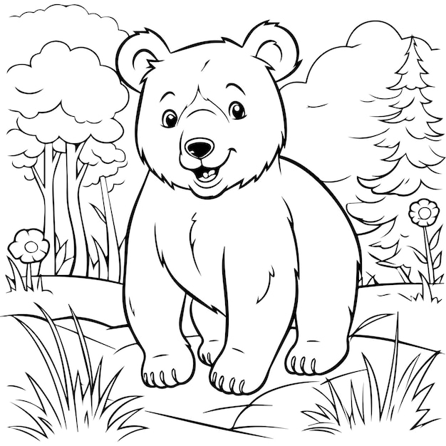 Premium vector cute coloring book with bear in the jungle