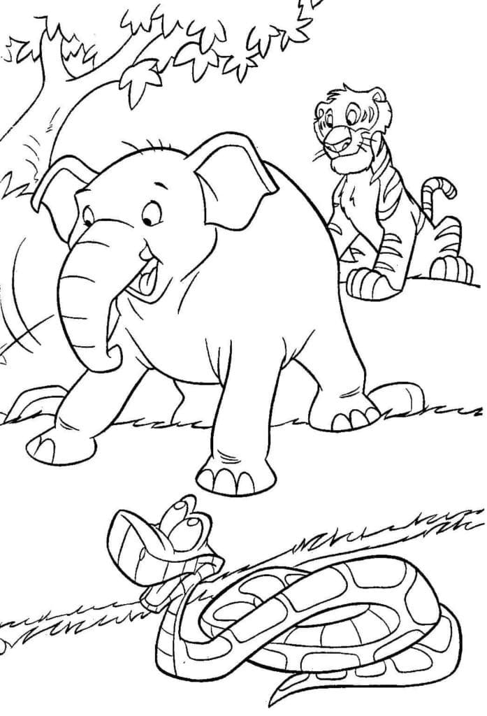 Snake elephant and tiger in the jungle coloring page