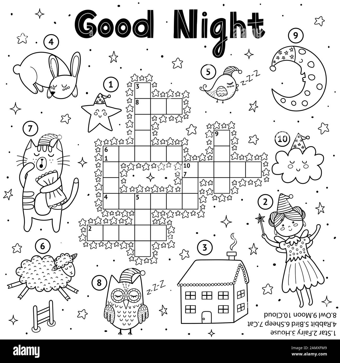 Black and white crossword game for kids good night theme coloring page stock vector image art