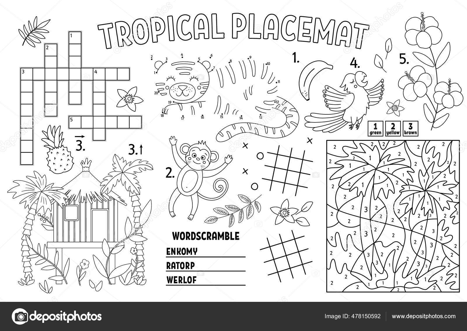 Vector tropical placemat kids exotic summer printable activity mat crossword stock vector by lexiclaus