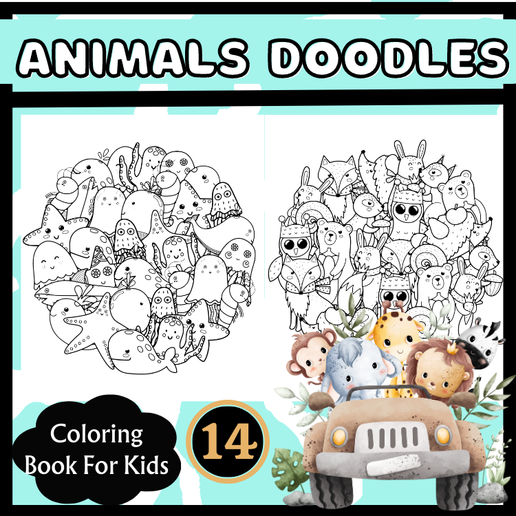 Animals doodles coloring pages
