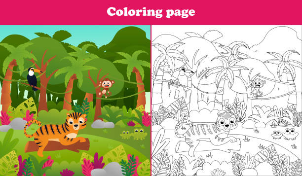 Tiger in the jungle coloring page stock illustrations royalty