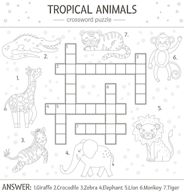 Premium vector summer crossword puzzle simple quiz with tropical animals for children educational black and white jungle activity with cute funny characters fun coloring page for kids