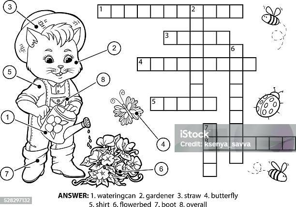 Vector black and white camping crossword puzzle for kids simple summer camp outline quiz with forest equipment activity with pass thermos bag gather the backpack cross word or coloring page stock illustration