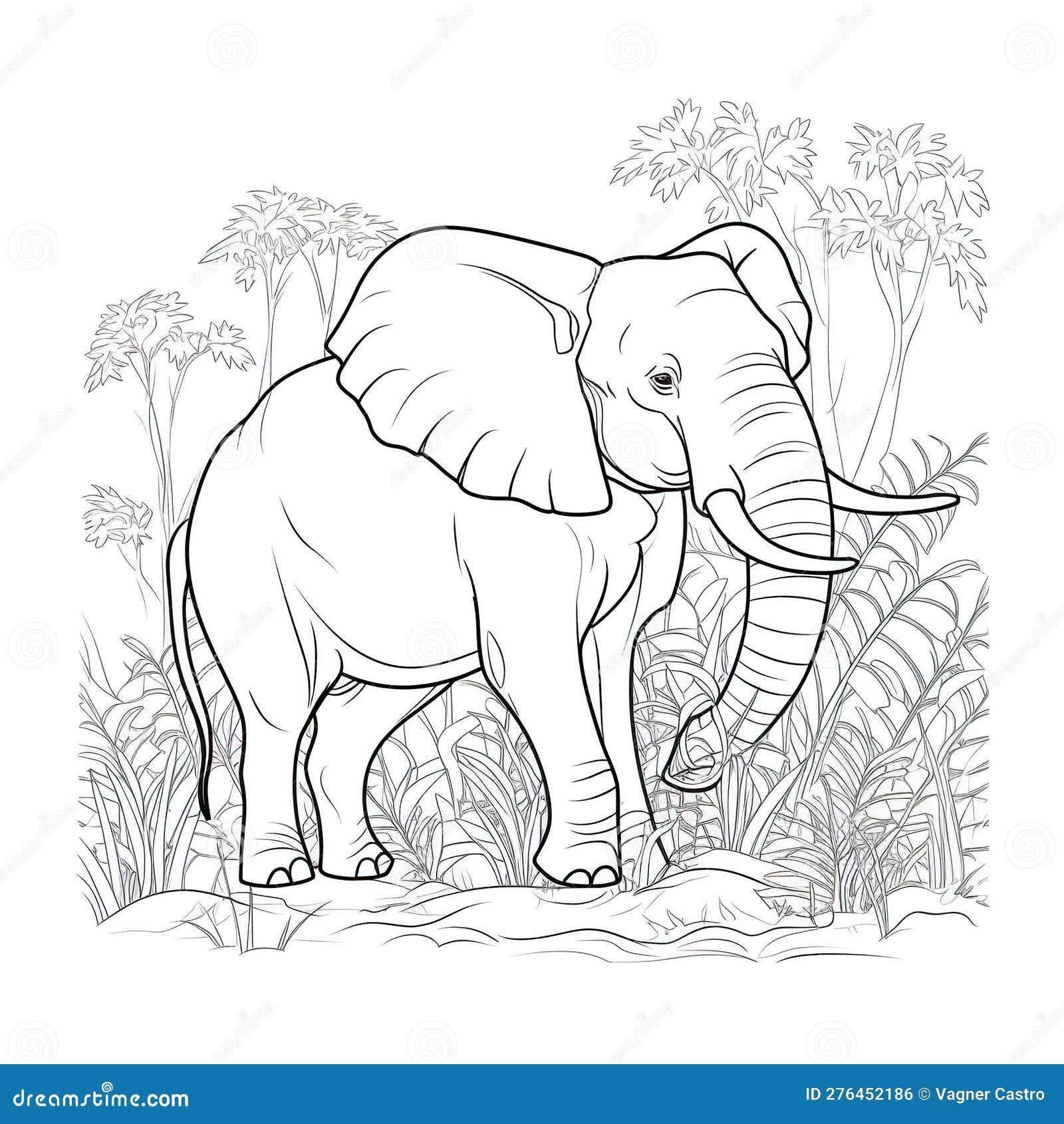 Kids coloring page of an elephant in the wild jungle that is blank and downloadable for them to plete stock illustration