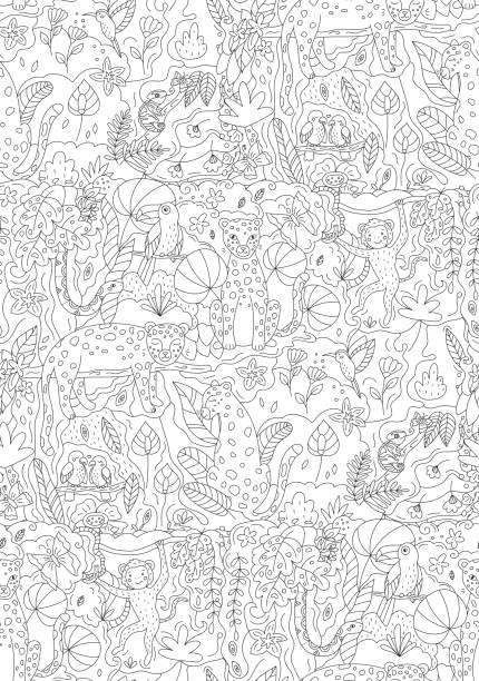 Vector seamless pattern with jungle animals leopards monkey snake parrots toucan and chameleon stock illustration