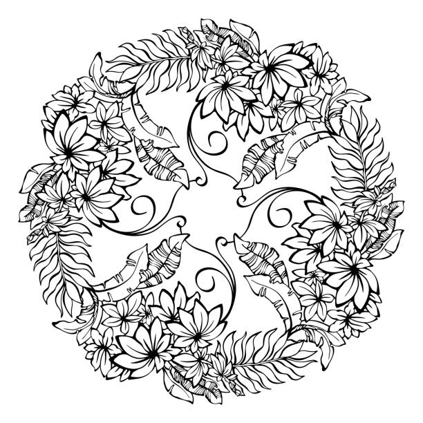 Botanical mandala with tropical plants outline leaves coloring page vector stock illustration
