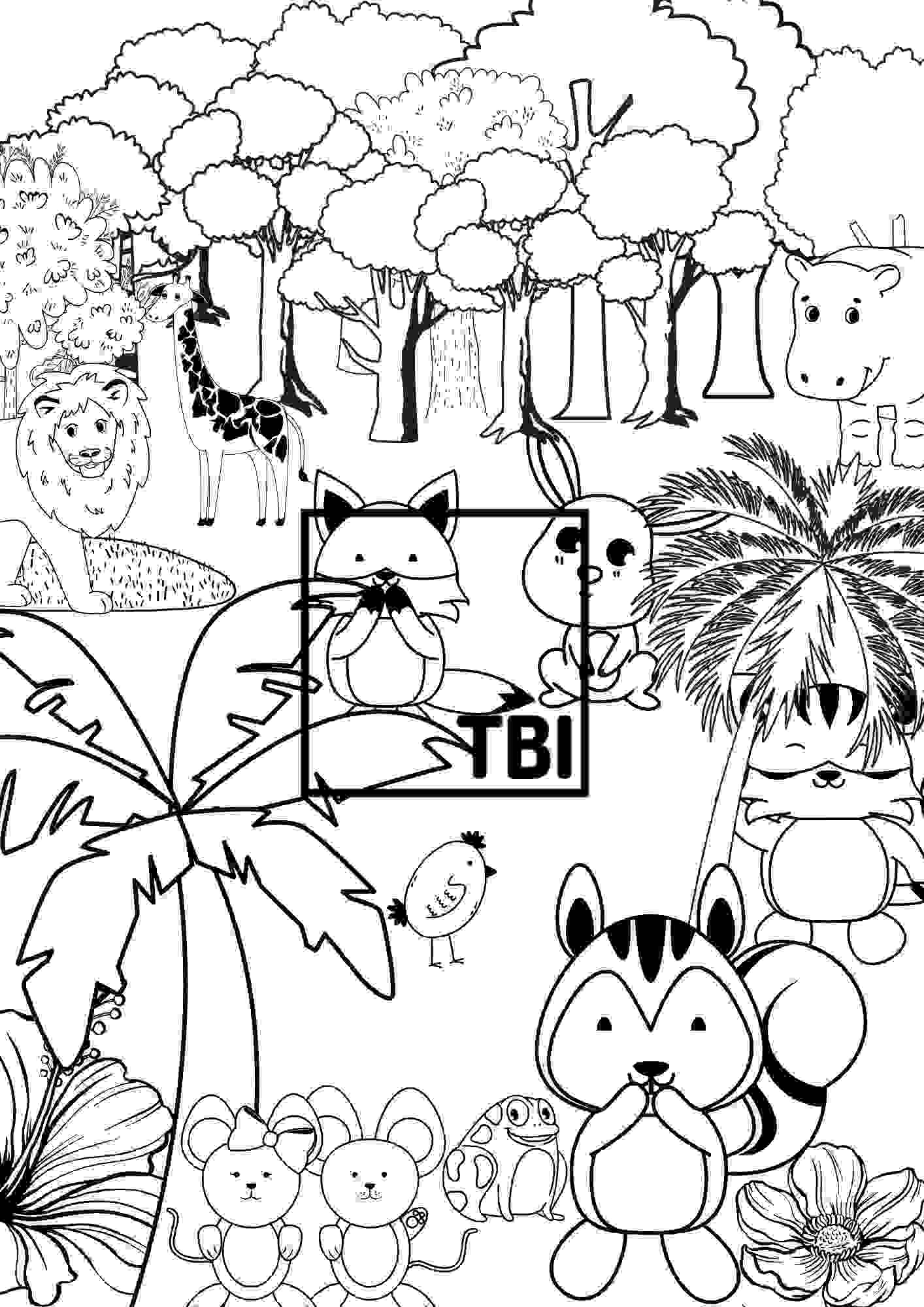 Jungle kids coloring book page sheet