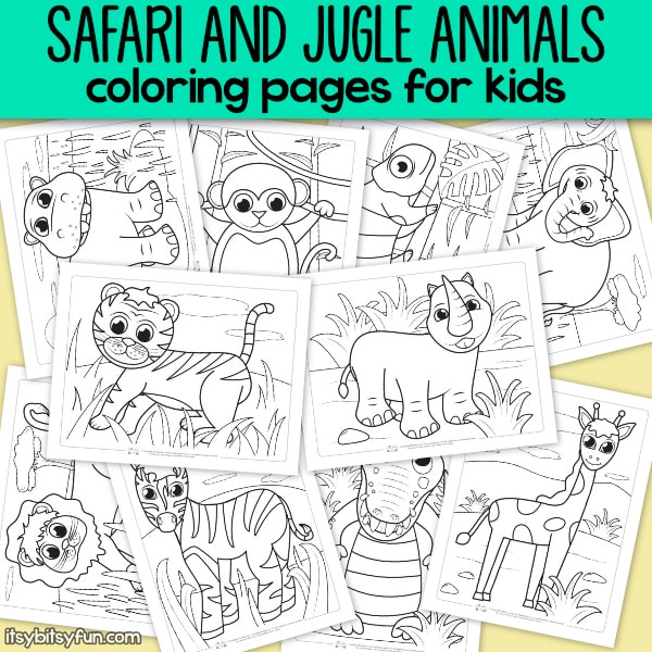 Safari and jungle animals coloring pages for kids