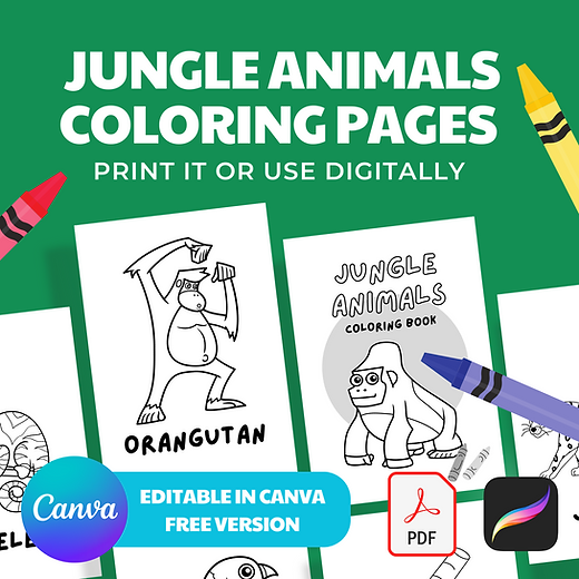 Printable and editable jungle animal coloring pages for kids or adults
