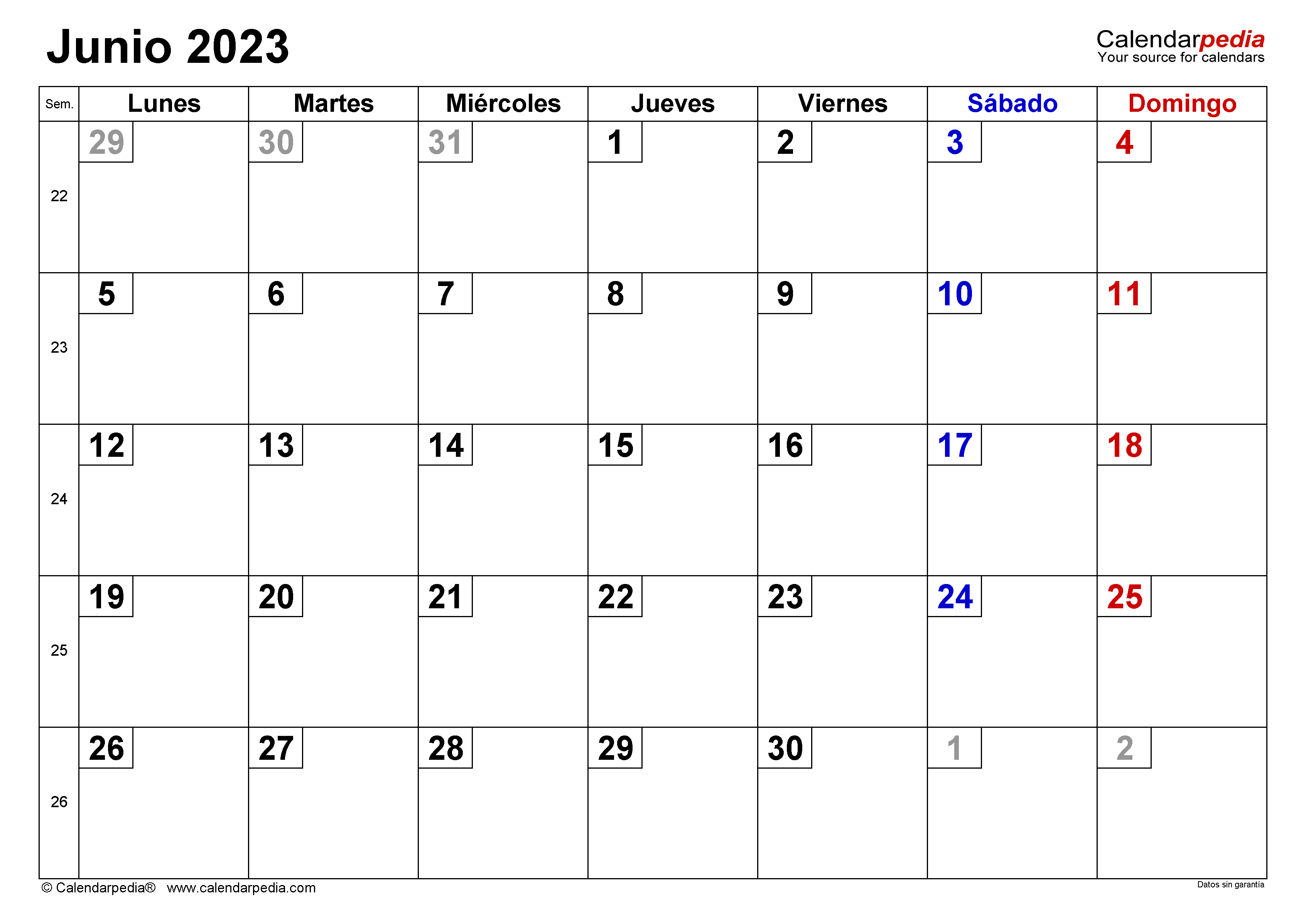 Calendario junio en word excel y pdf