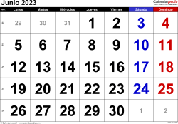 Calendario junio en word excel y pdf