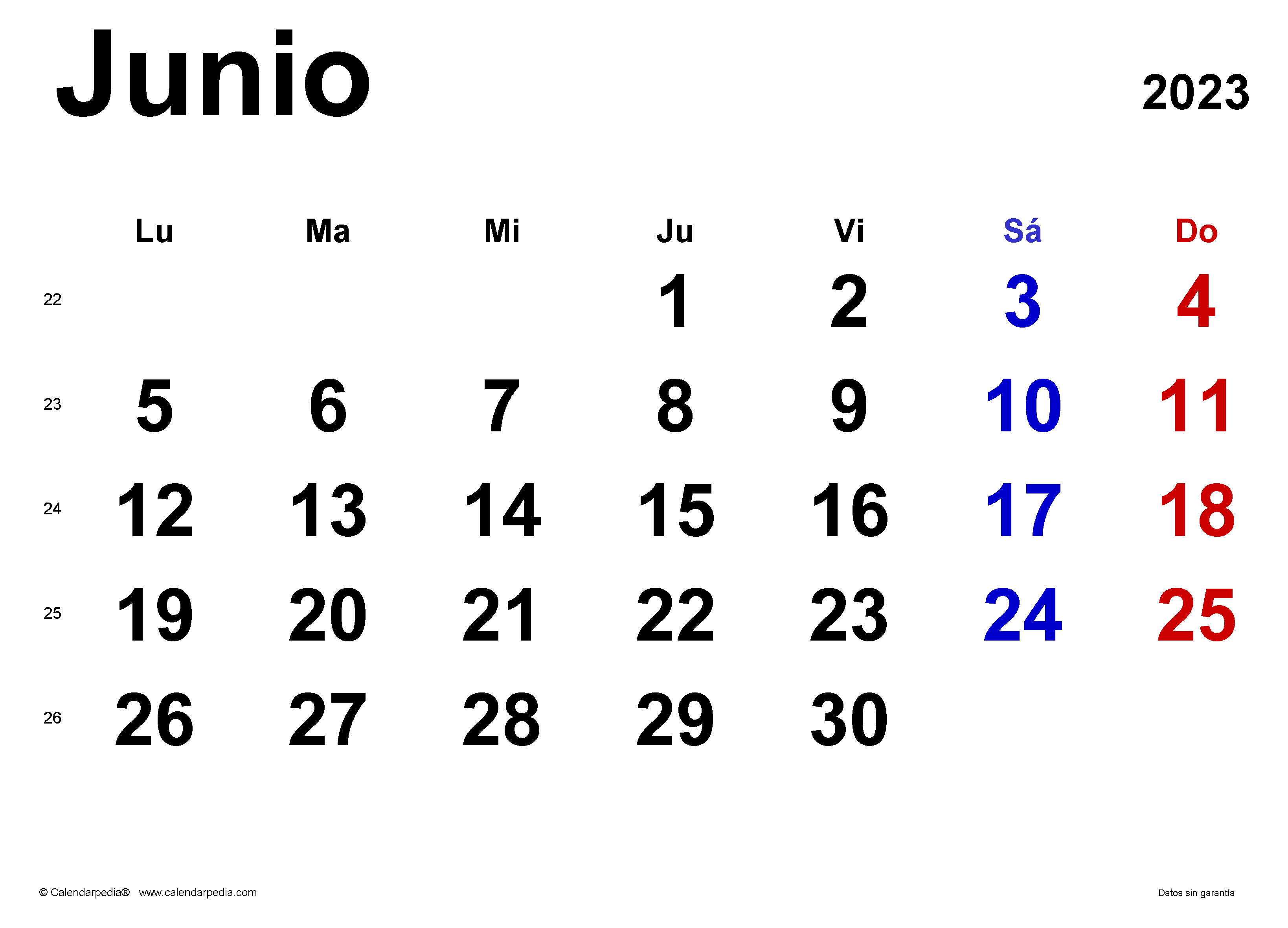 Calendario junio en word excel y pdf