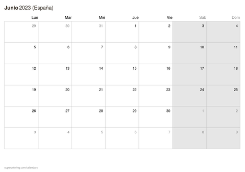 Calendario junio para imprimir espaãa
