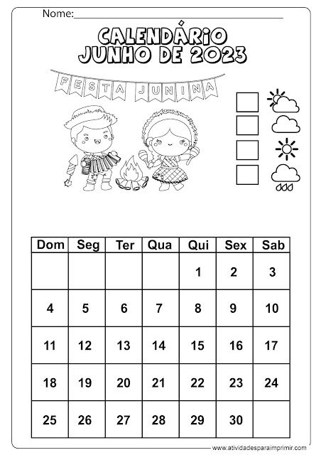 Calendãrio para imprimir e colorir calendãrios infantis calendãrio calendario junho