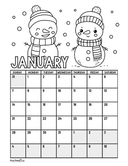 Printable calendar coloring pages
