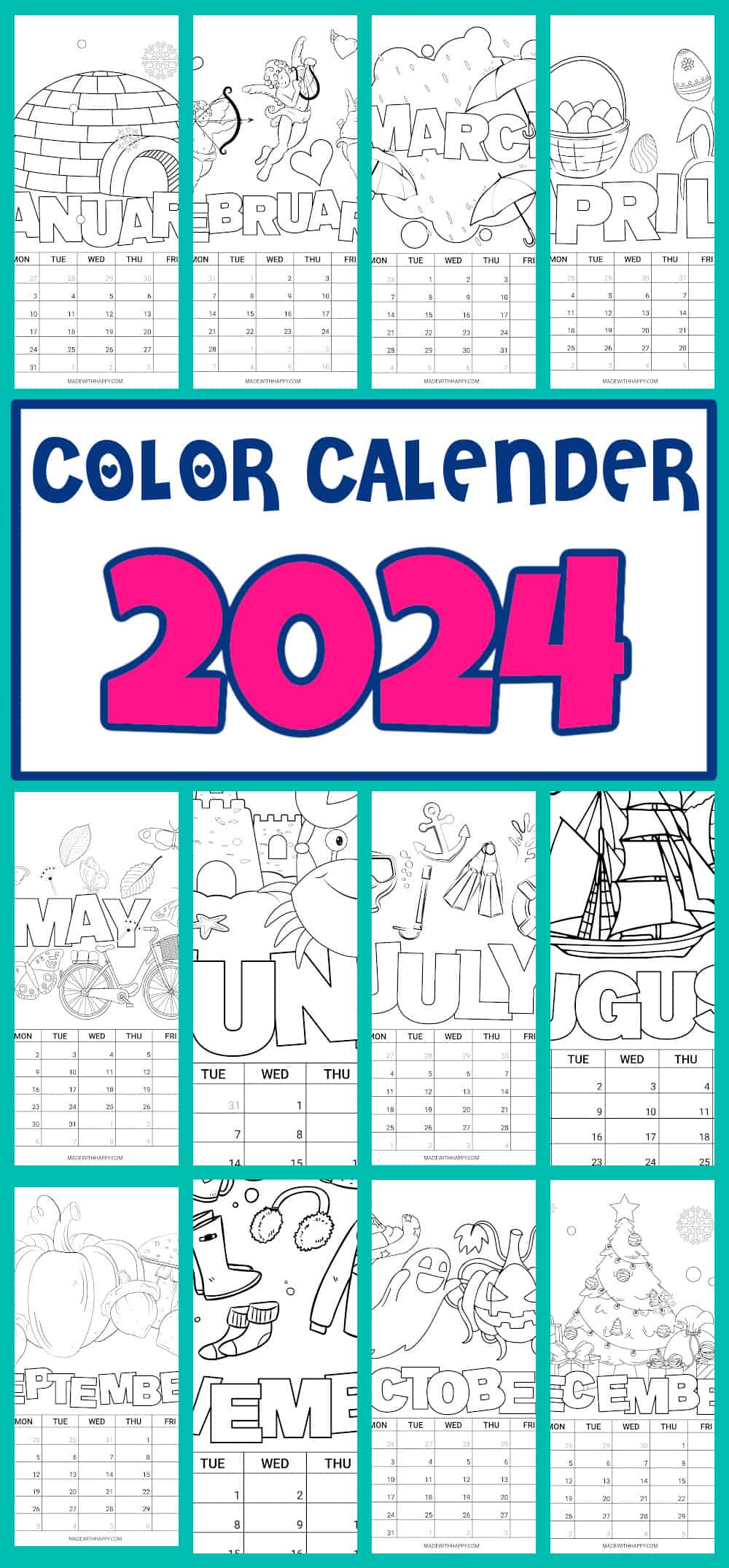 Printable coloring calendar for kids