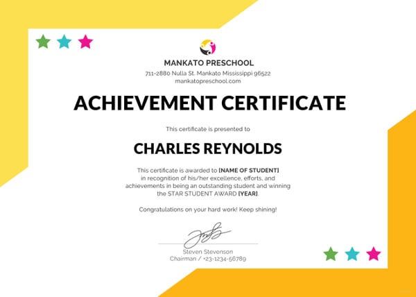 Preschool certificate s in pdf word psd ai doc publisher indesign apple pages