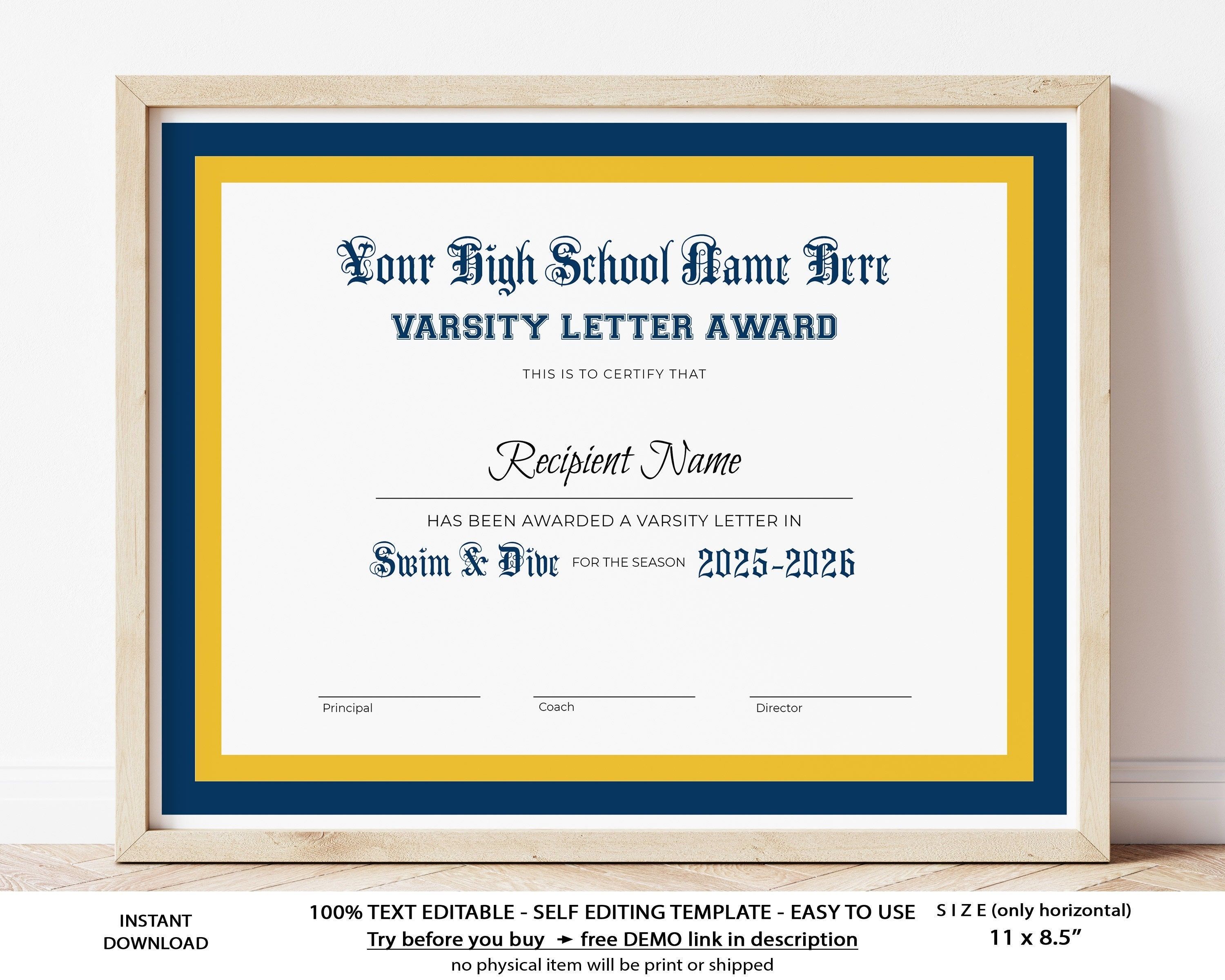 Editable varsity letter award template swim dive download now