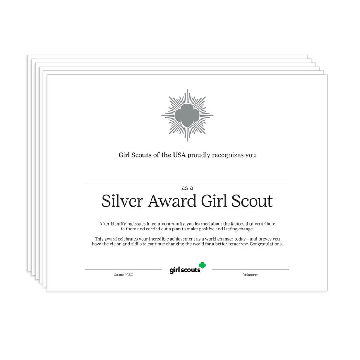 Silver award certificate girl scout shop