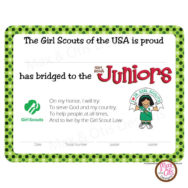 Girl scout junior printable bridging certificate editable pdf â max otis designs