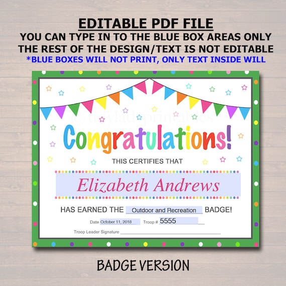 Editable certificates badge patch and award certificate templates instant download brownie junior troop leader scout printables daisy download now