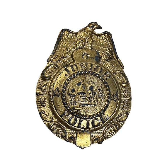 S lead metal toy junior police officer badge with eagle vintage child toy pinback pin gold tone