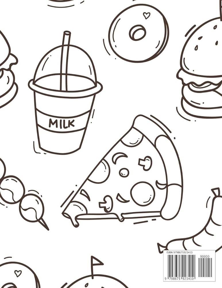 Junk food coloring book stress relieving coloring sheets of fort foods illustrations of pizzas cakes sundaes and more to color prints treasure cave books