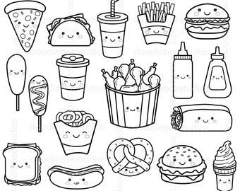 Kawaii fast food digital stamp fast food clipart cute fast food kawaii food line art cute food printable hamburger fries soda