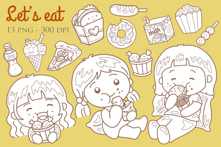 Cute girl kids love to eat junk food digital stamp outline