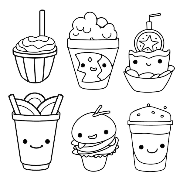 Premium vector cute fast food black and white coloring page for kids and adults line art simple cartoon style happy cute and funny
