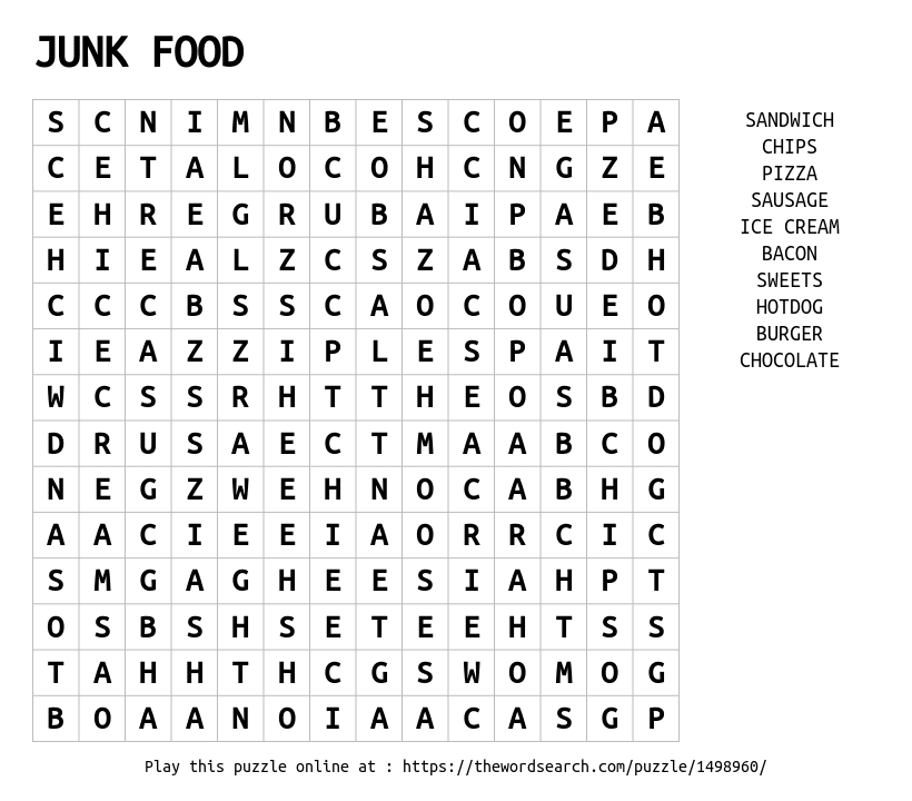 Download word search on junk food