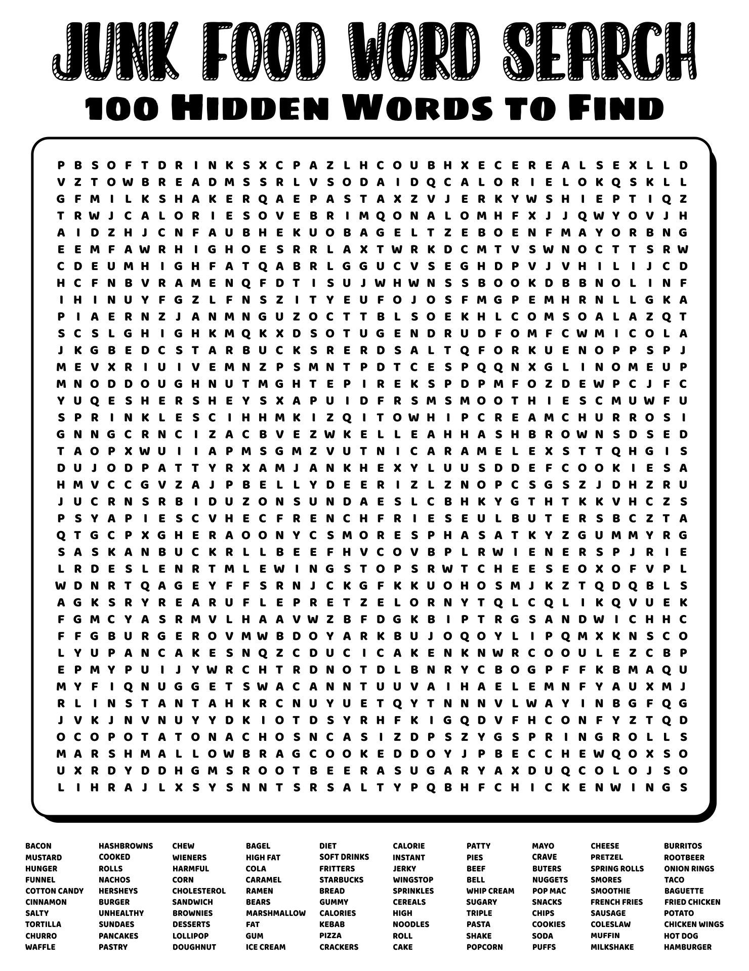 Printable junk food word search words free printable word searches words hidden words