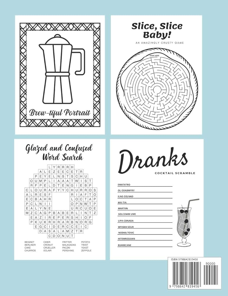 Puntastic food adult activity food coloring book with mazes word scrambles and searches for the junk food coffee tea cocktail and wine lovers out there publishing prickly pear az