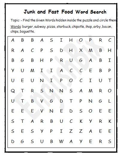 Junk and fast foods word search mini